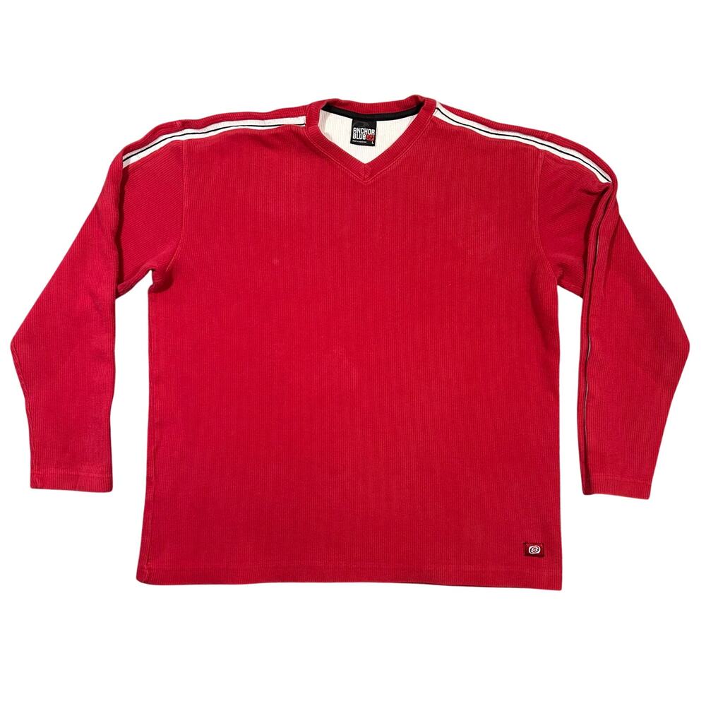 Vintage Y2K Anchor Blue Red Sweater Men’s Large Ribbed Skater Pullover V-Neck
